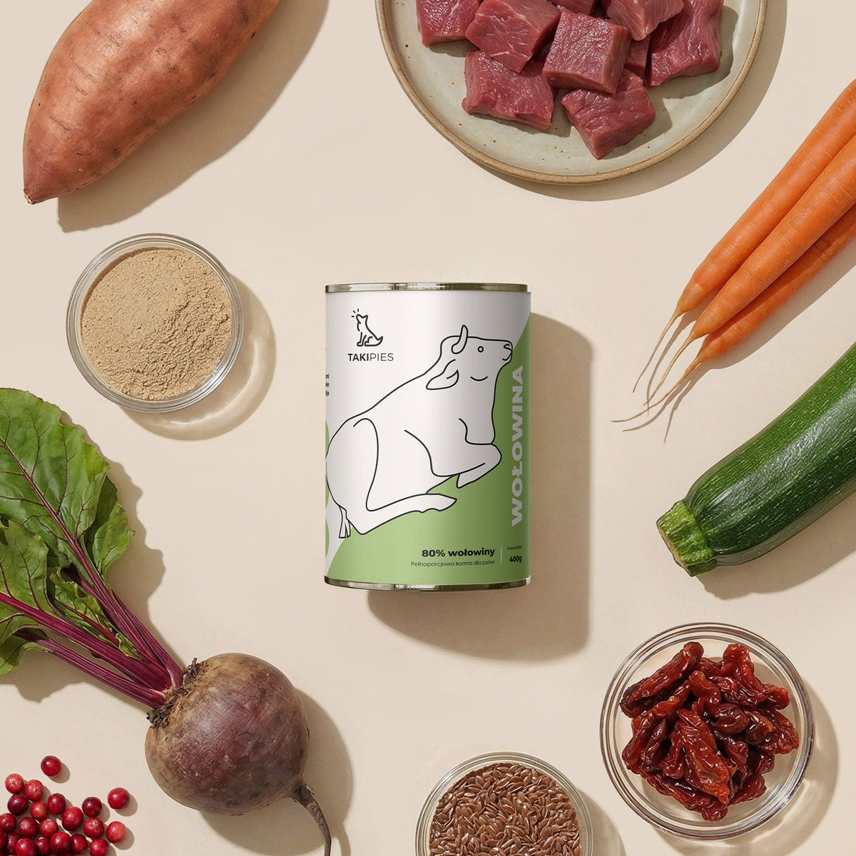Karma mokra dla psa Wołowina 80% - puszka 400 g, widok z góry