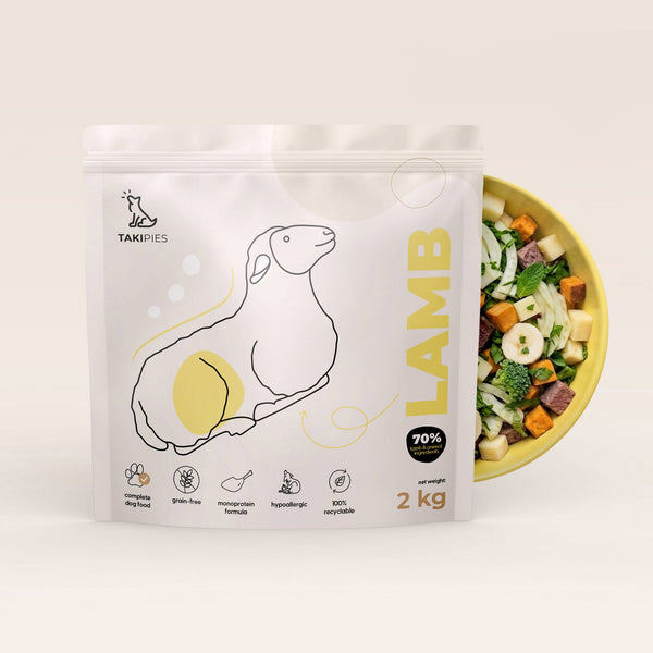 Karma sucha dla psa Jagnięcina 70% - opakowanie 2 kg z miską karmy i naturalnych dodatków