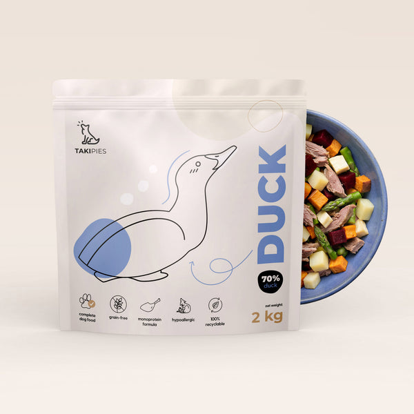 Karma sucha dla psa Kaczka 70% - opakowanie 2 kg z miską karmy i naturalnych dodatków