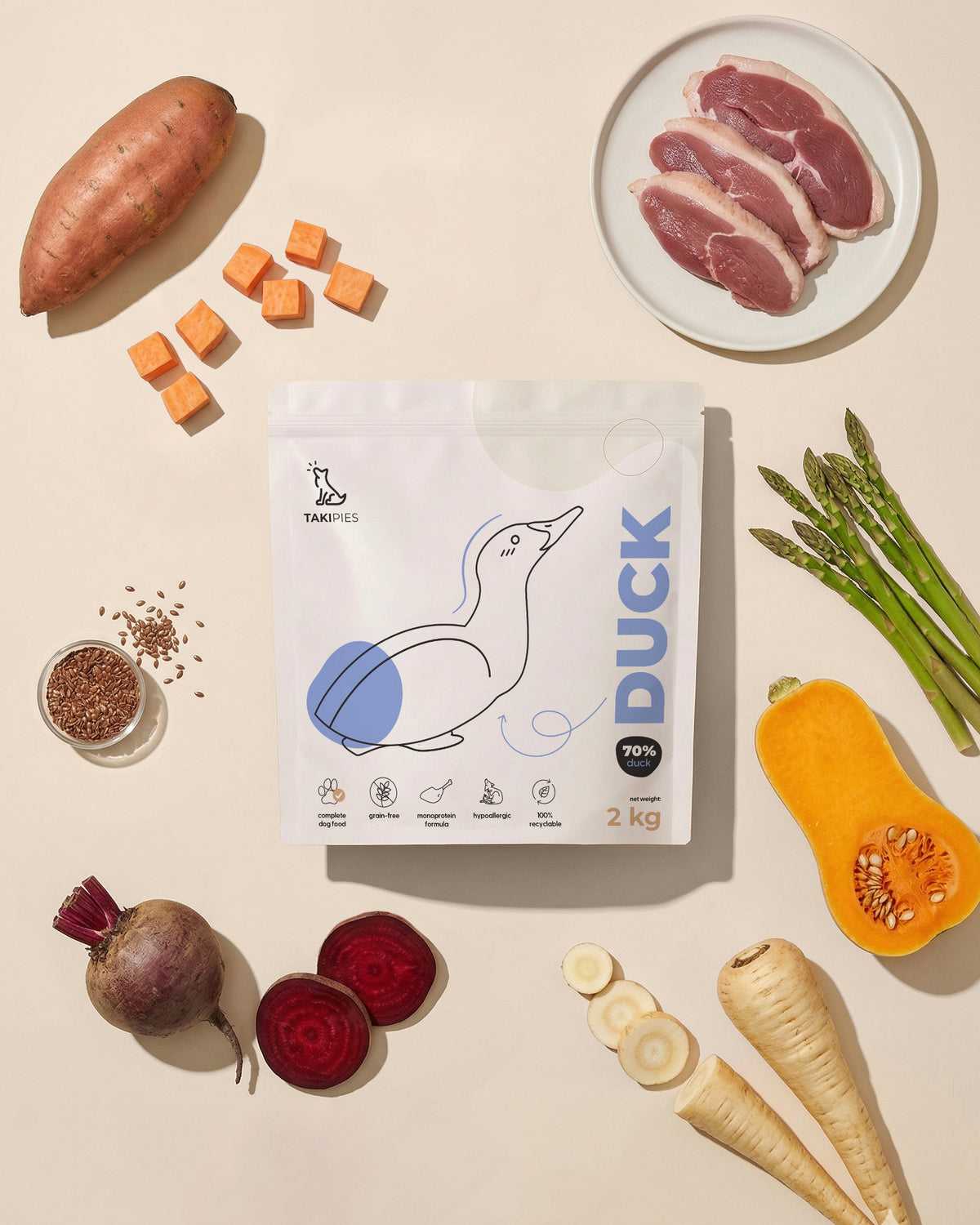 Karma sucha dla psa Kaczka 70% - widok z góry opakowania 2 kg