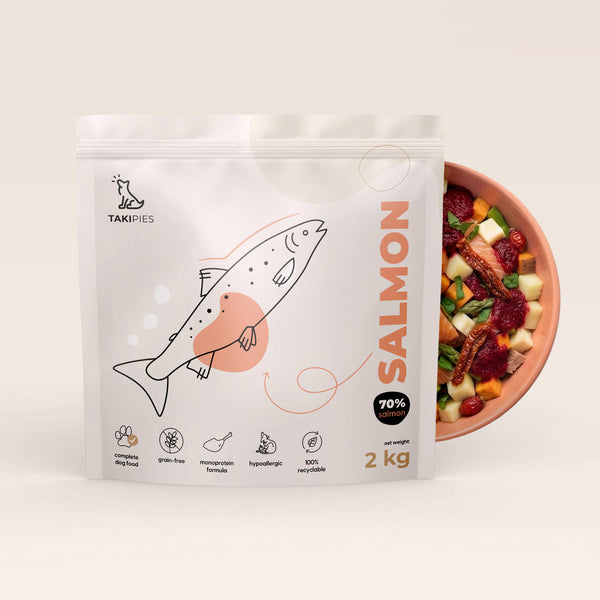 Karma sucha dla psa Łosoś 70% - opakowanie 2 kg z miską karmy i naturalnych dodatków