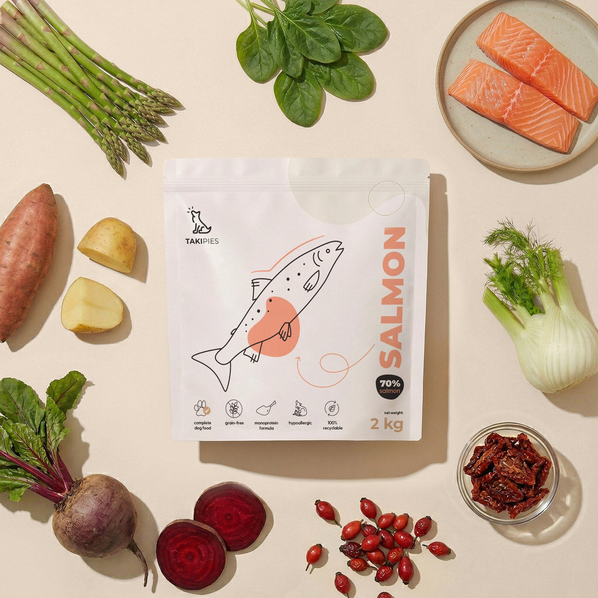 Karma sucha dla psa Łosoś 70% - widok z góry opakowania 2 kg