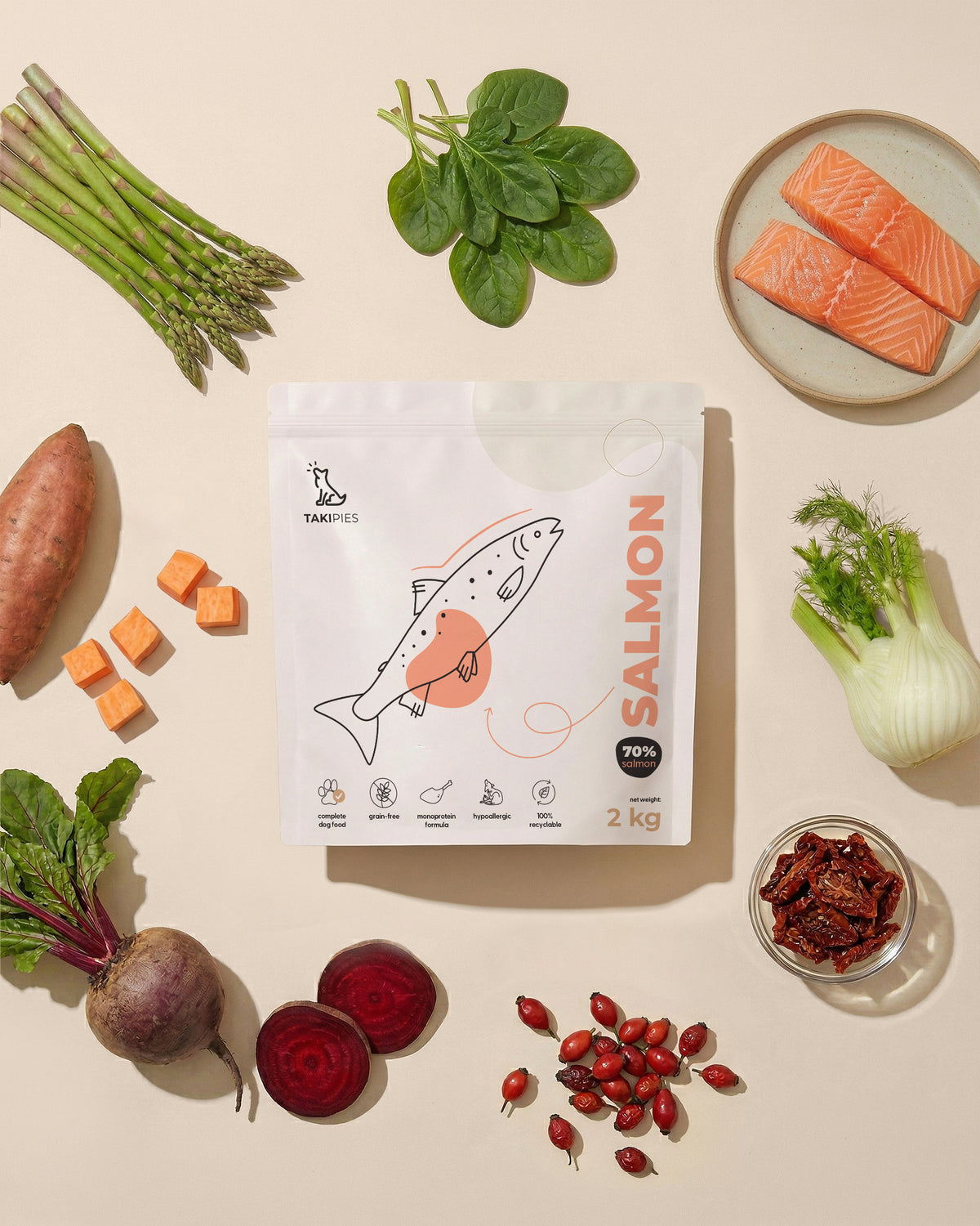 Karma sucha dla psa Łosoś 70% - widok z góry opakowania 2 kg