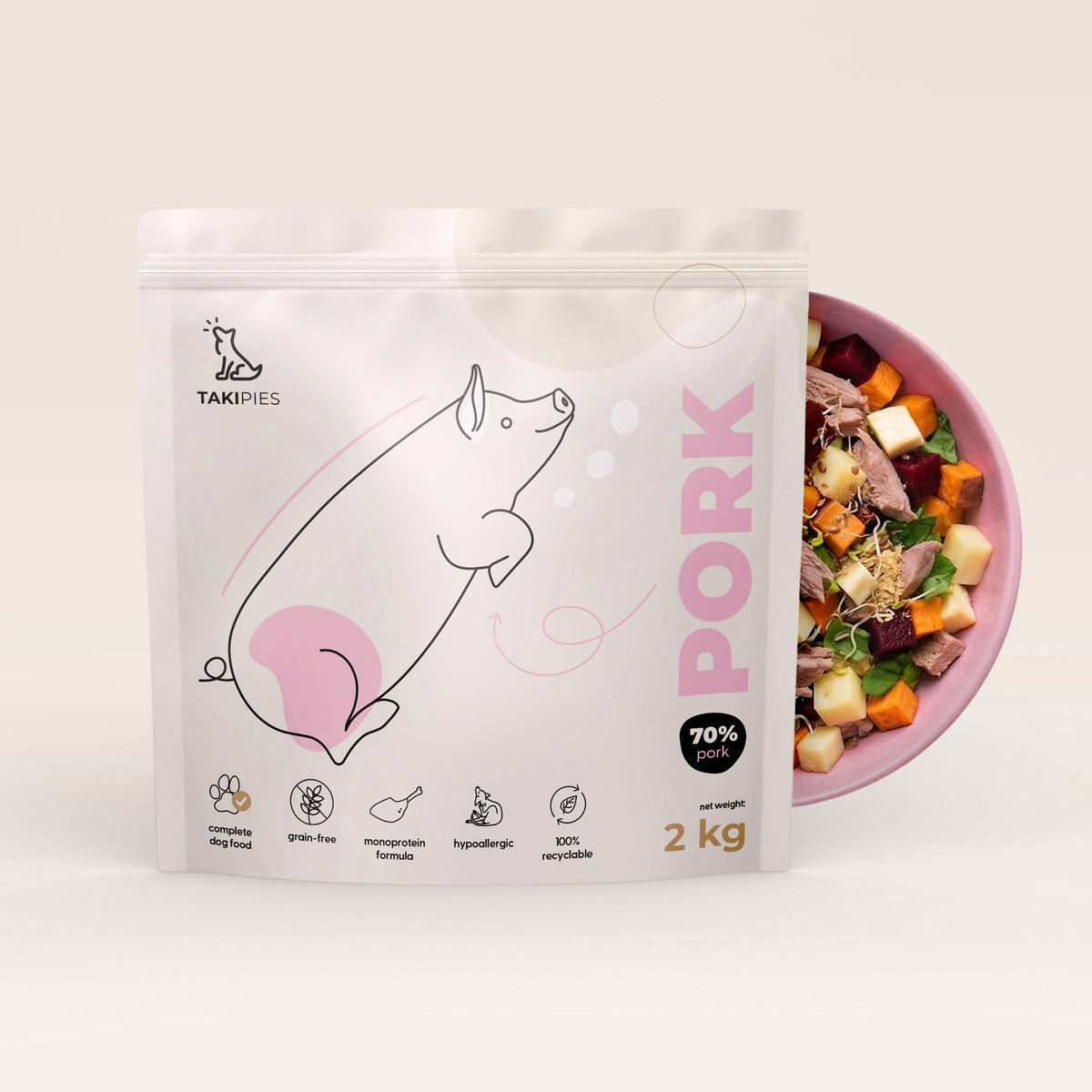 Karma sucha dla psa Wieprzowina 70% - opakowanie 2 kg z miską karmy i naturalnych dodatków