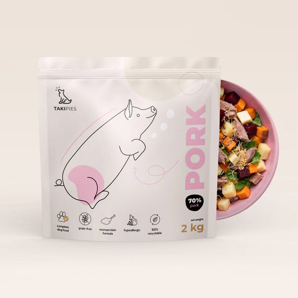 Karma sucha dla psa Wieprzowina 70% - opakowanie 2 kg z miską karmy i naturalnych dodatków
