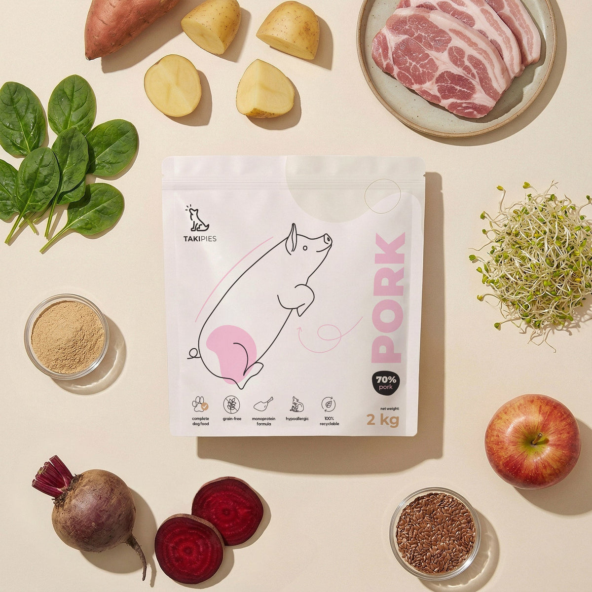 Karma sucha dla psa Wieprzowina 70% - widok z góry opakowania 2 kg