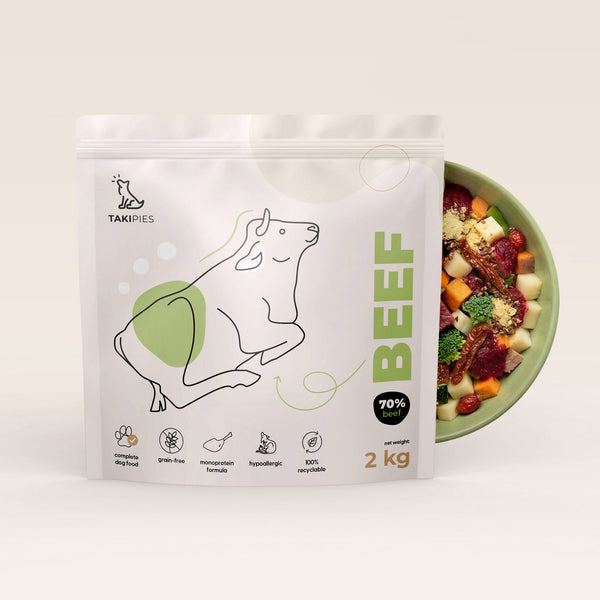 Karma sucha dla psa Wołowina 70% - opakowanie 2 kg z miską karmy i naturalnych dodatków
