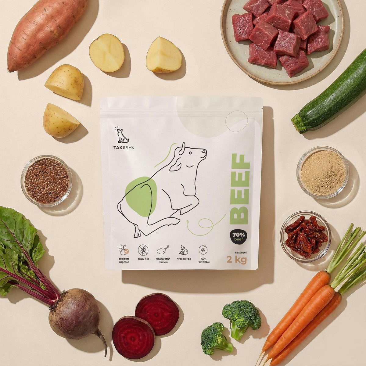 Karma sucha dla psa Wołowina 70% - widok z góry opakowania 2 kg