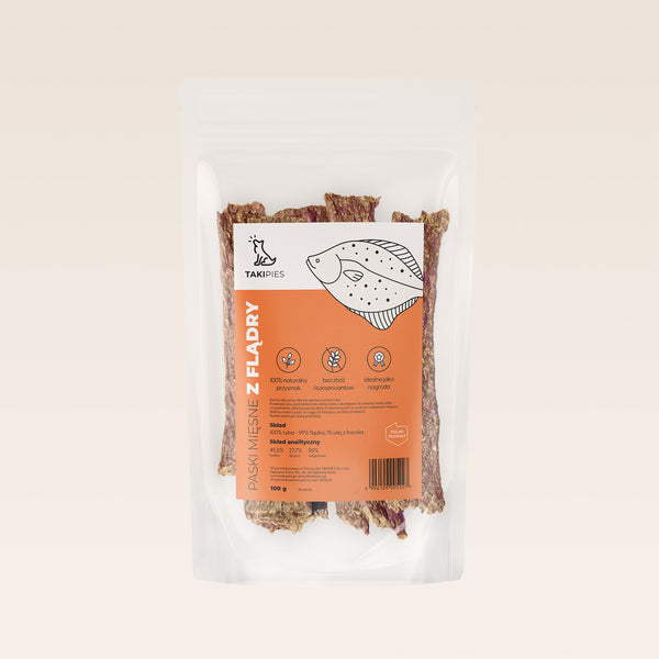 Paski mięsne z flądry dla psa - naturalny przysmak 100 g, bogaty w Omega-3