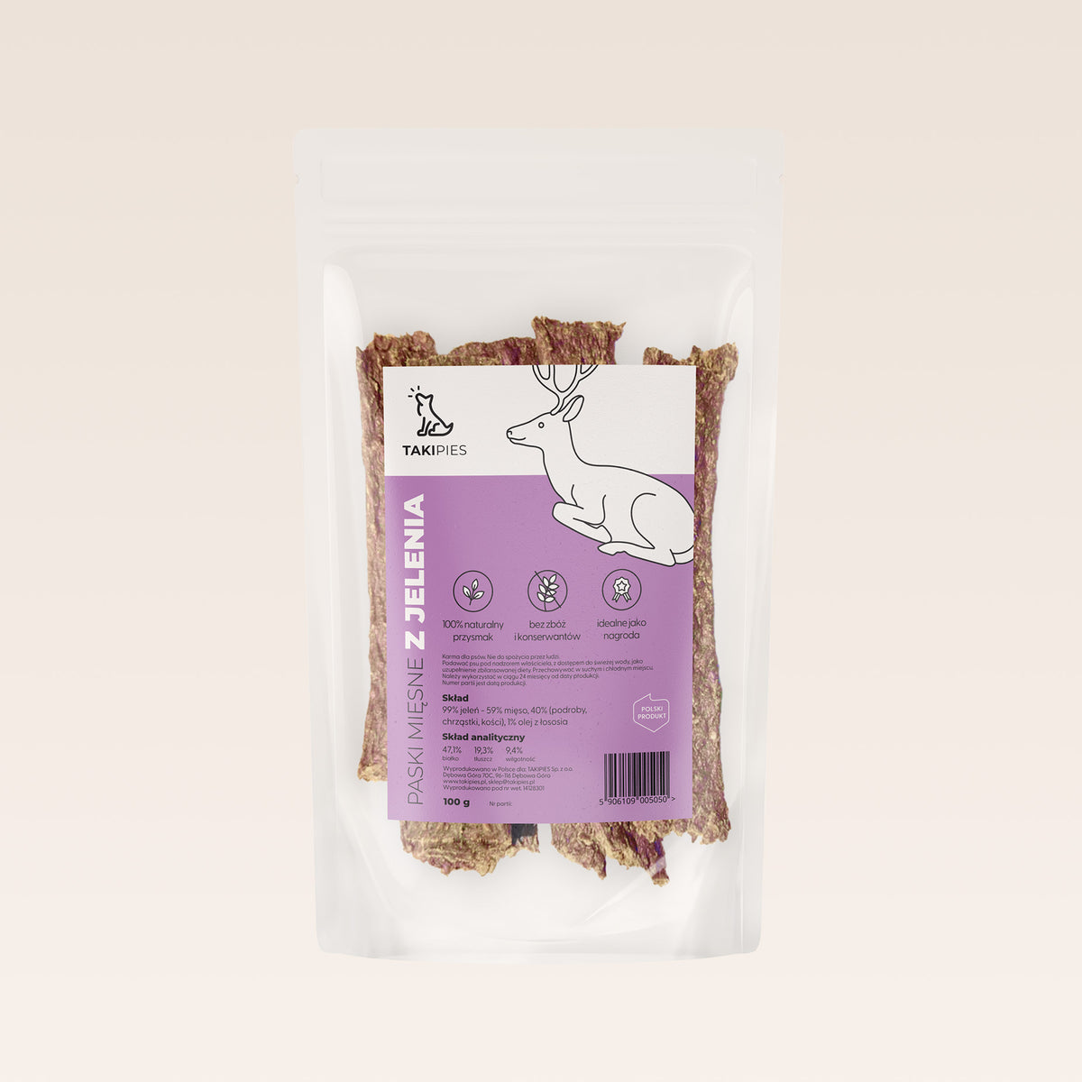 Paski mięsne z jelenia dla psa - naturalny przysmak 100 g, dziczyzna