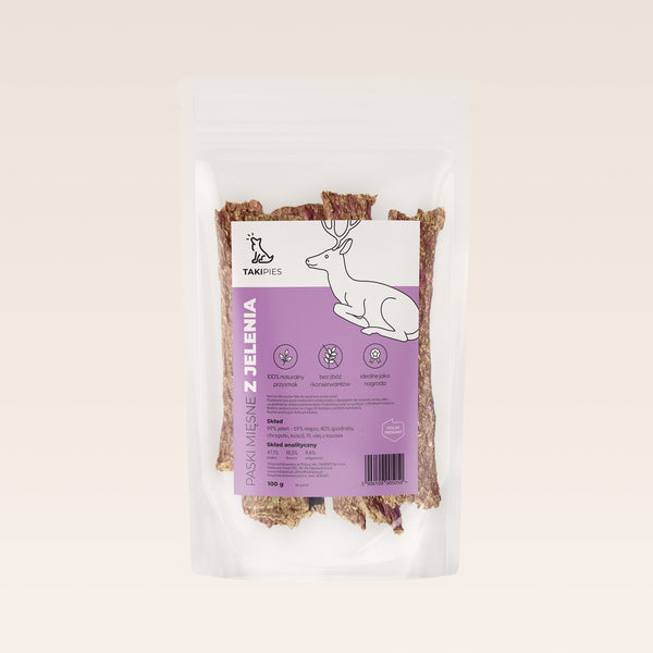 Paski mięsne z jelenia dla psa - naturalny przysmak 100 g, dziczyzna
