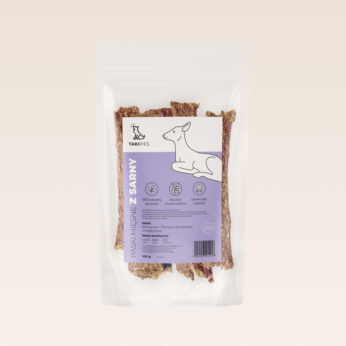 Paski mięsne z sarny dla psa - naturalny przysmak 100 g, dziczyzna
