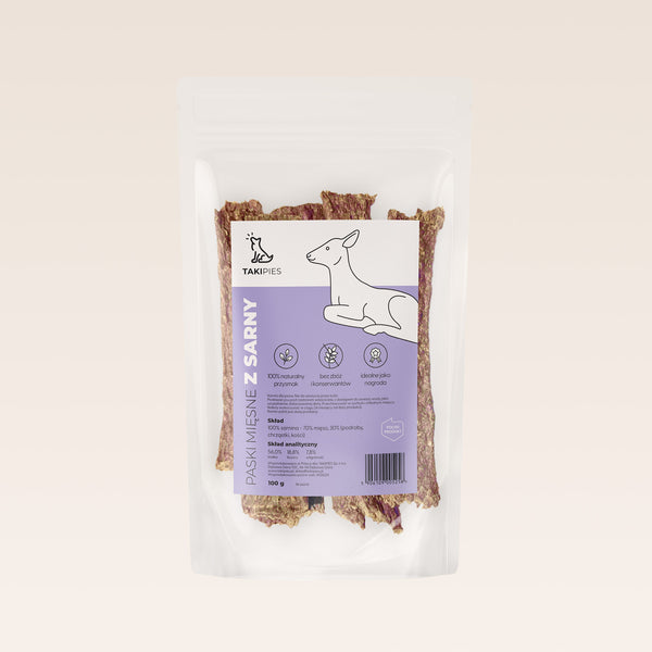 Paski mięsne z sarny dla psa - naturalny przysmak 100 g, dziczyzna