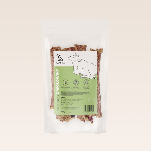 Paski mięsne z wołowiny dla psa - naturalny przysmak 100 g, bogate w białko