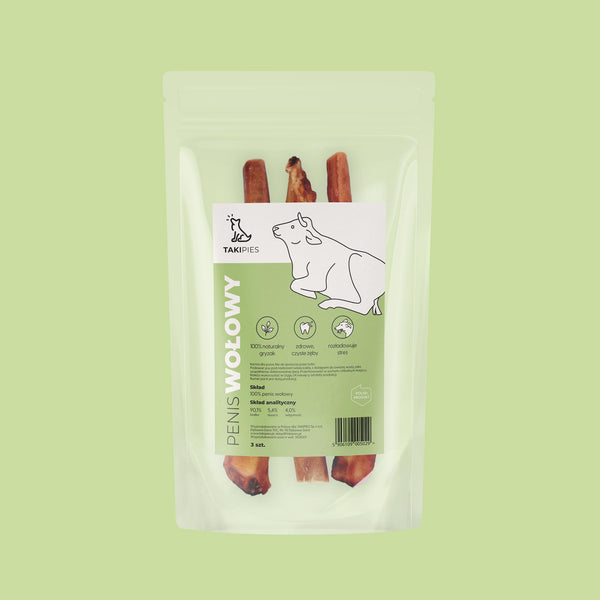 Penis wołowy dla psa - opakowanie 3 sztuki na zielonym tle