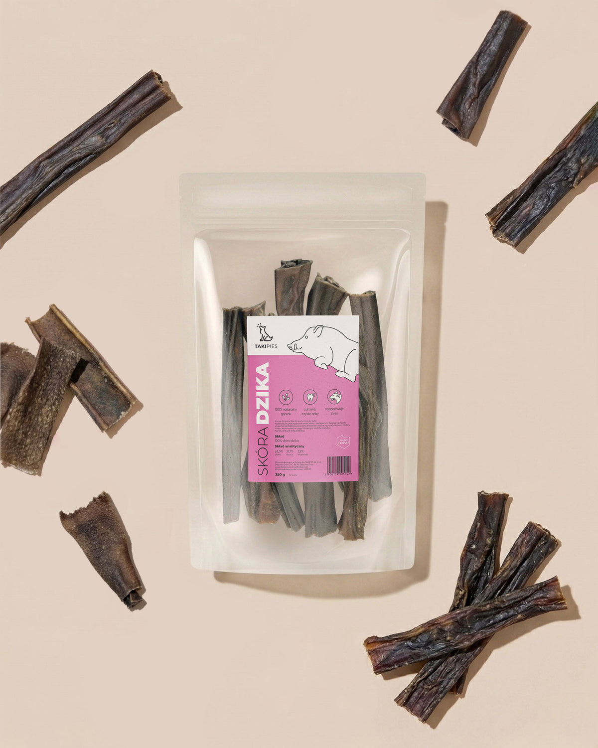 Skóra dzika dla psa - widok z góry opakowania 250 g
