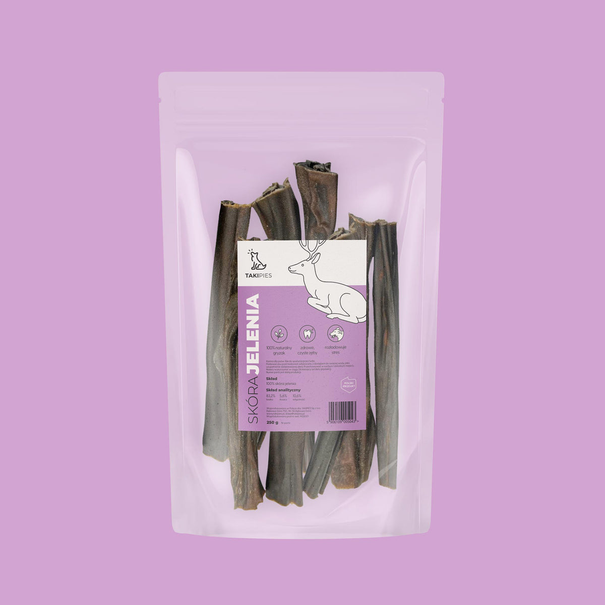Skóra jelenia dla psa - opakowanie 250 g na zielonym tle