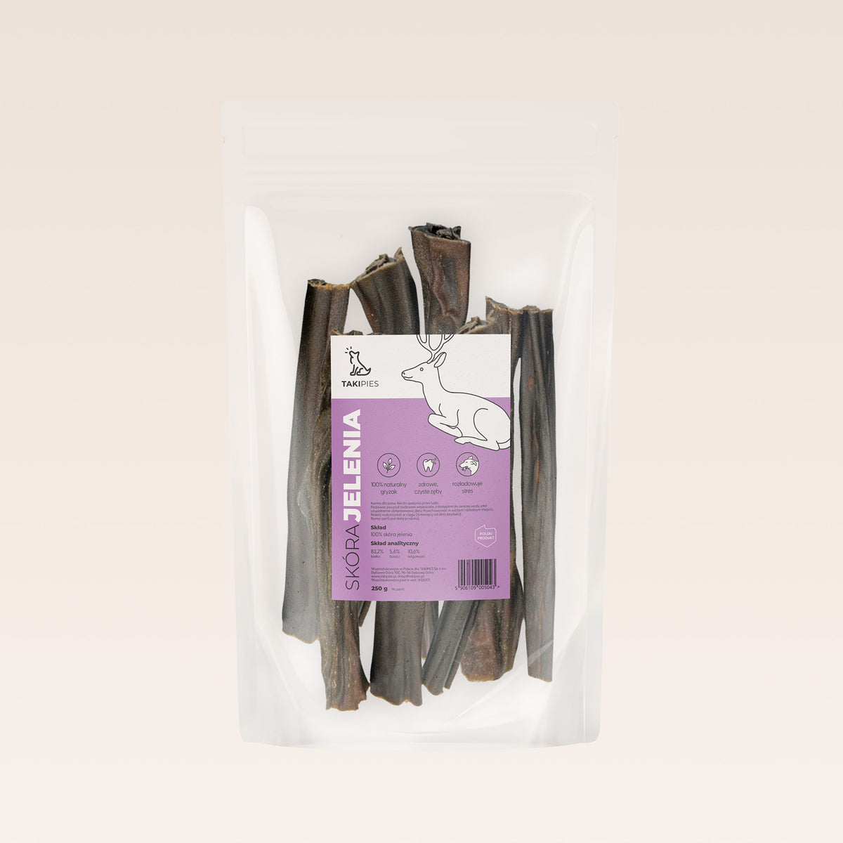 Skóra jelenia dla psa - naturalny gryzak 250 g, dziczyzna