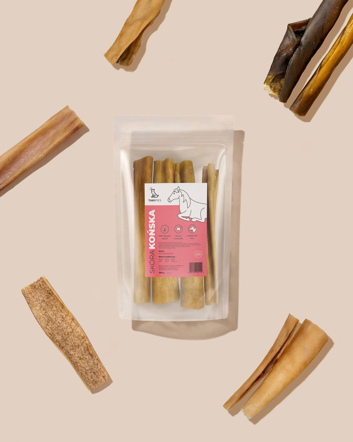 Skóra końska dla psa - widok z góry opakowania 250 g