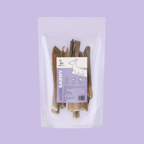 Skóra sarny dla psa - opakowanie 250 g na fioletowym tle